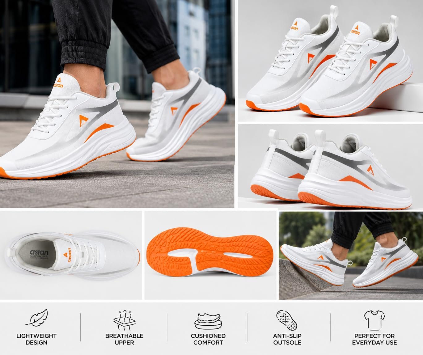 Men's Lightweight Running Shoes | Breathable Sports Sneakers for Walking, Gym, Jogging & Casual Wear | Comfortable Lace-Up Athletic Shoes (White & Grey) (UK Footwear Size System, Adult, Men, Numeric, Medium, 9) - Image 3