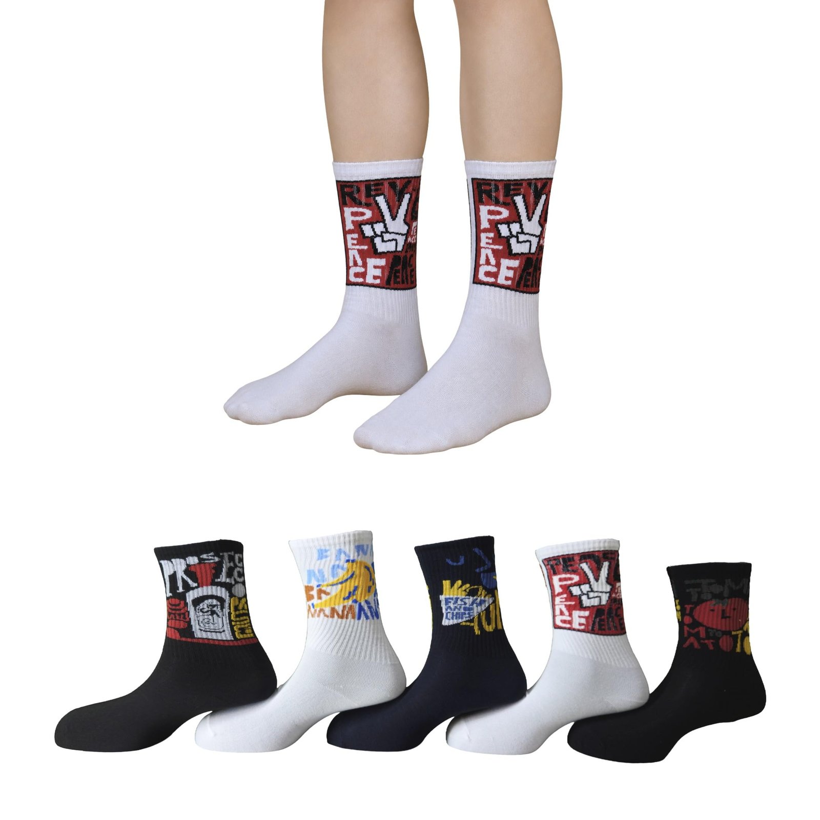 Sole-D Pairs Unisex Graphic Print Crew Socks, Pack of 5, Tomatina