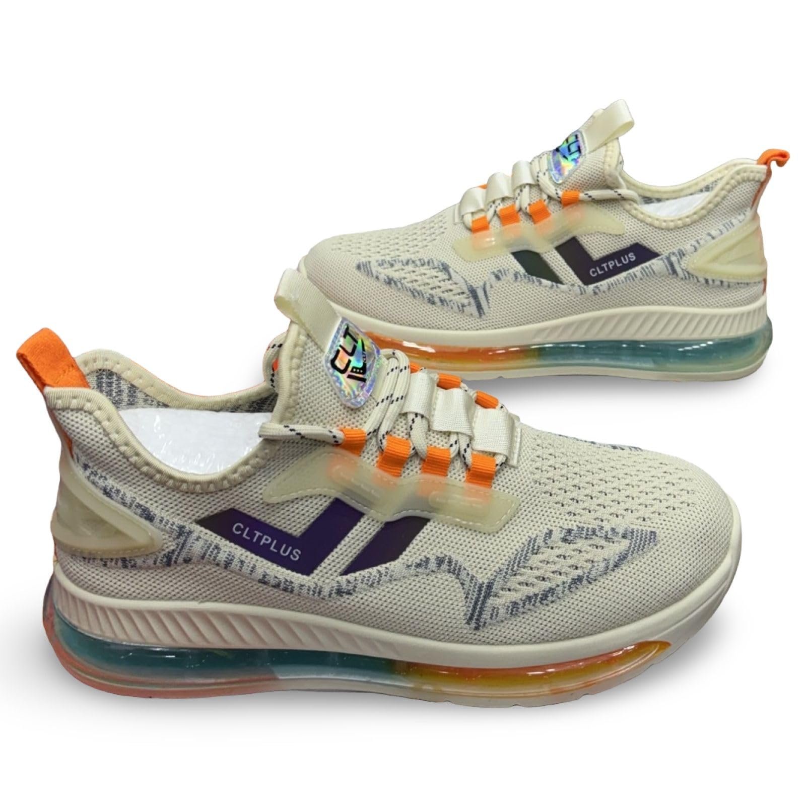 CLTPLUS Athletic Running Shoes, Mesh Upper with Air Cushion Sole, Orange and Navy Accents, White (Cream, UK Footwear Size System, Adult, Men, Numeric, Medium, 6)