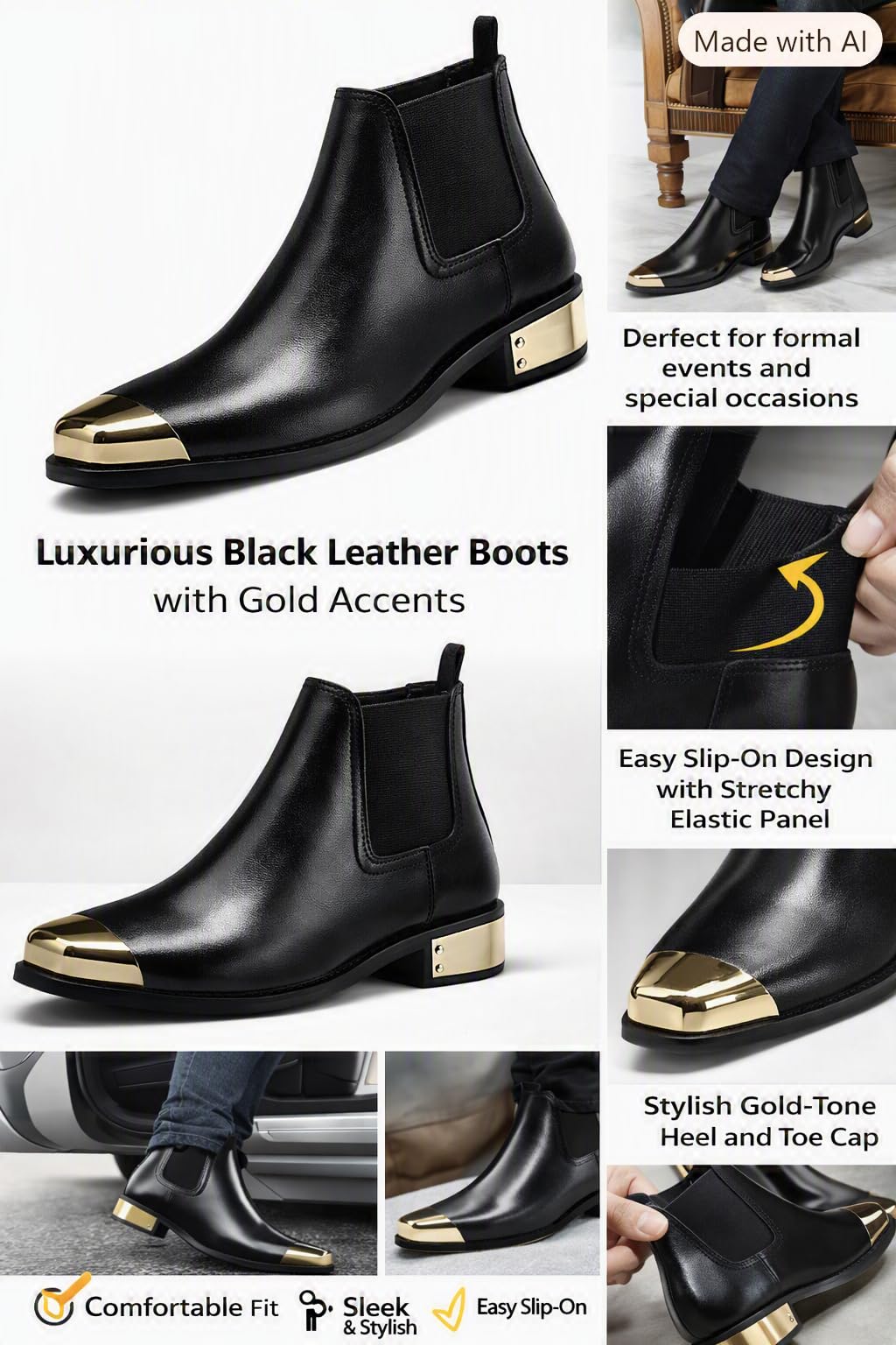 Black Chelsea Boot with Gold Metal Toe Cap and Block Heel - Image 7