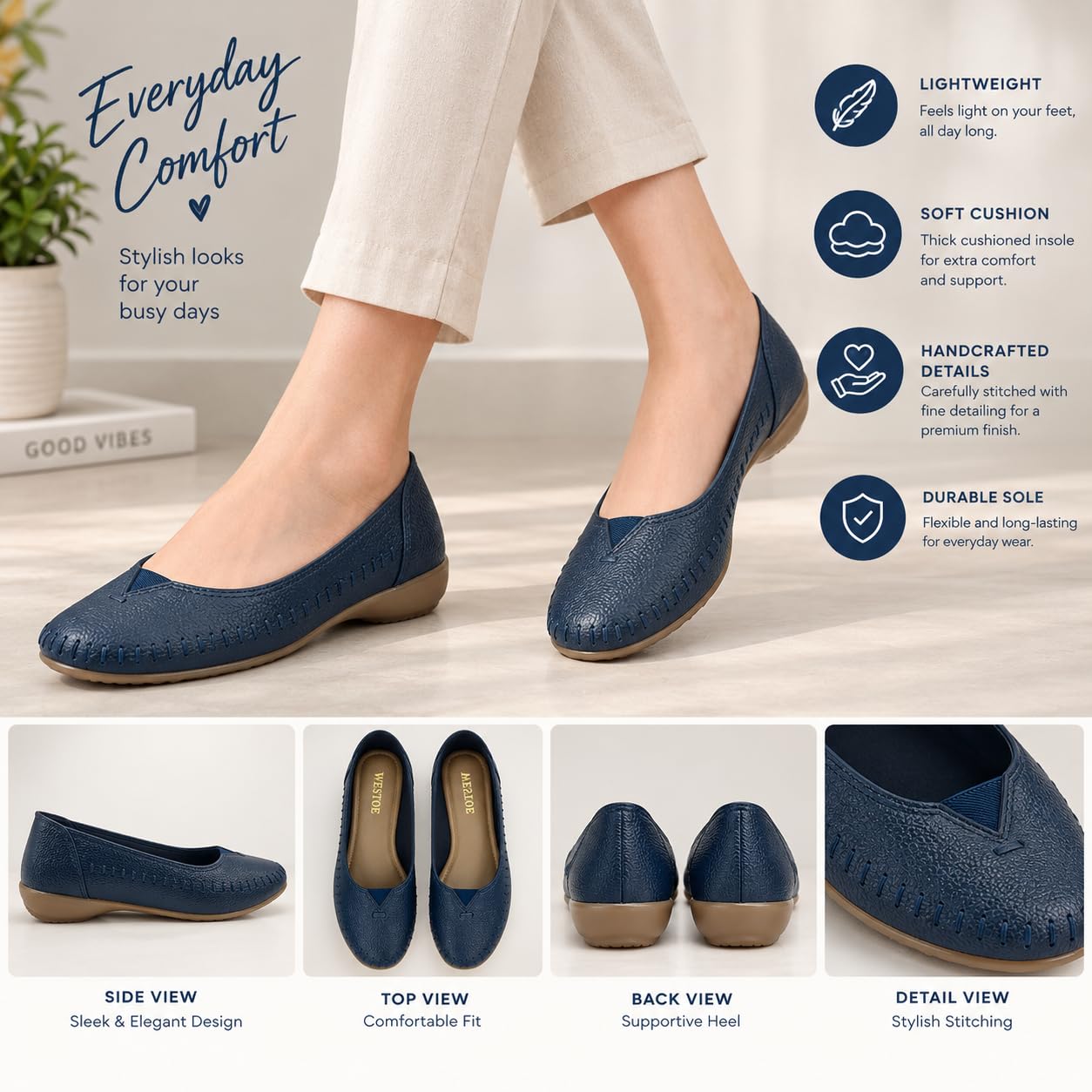 WESTOES Flat Belly Especially for Ladies | Doctor Paded Cushion Insole | Comfortable Flat Sole with Stylish Look | Western Dress Go to Shoes (WB05) (Navy, UK Footwear Size System, Adult, Women, Numeric, Medium, 5) - Image 2