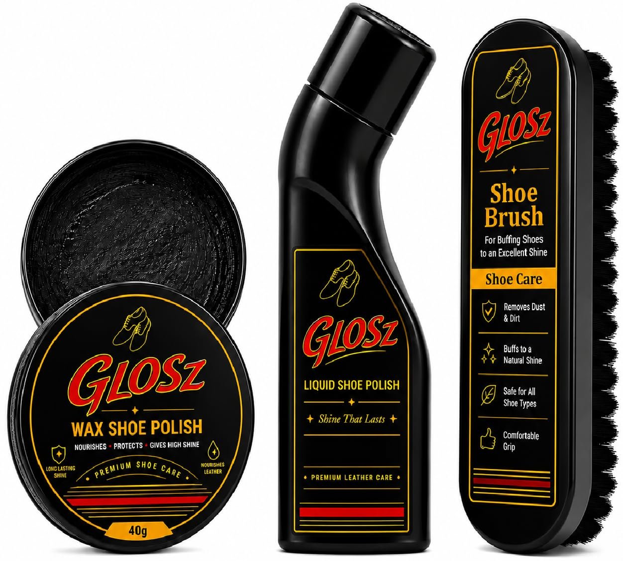 GLOSZ Liquid Shoe Polish Black, Shoe Cleaning Brush and Black Shoe Polish Wax Cream (40G)