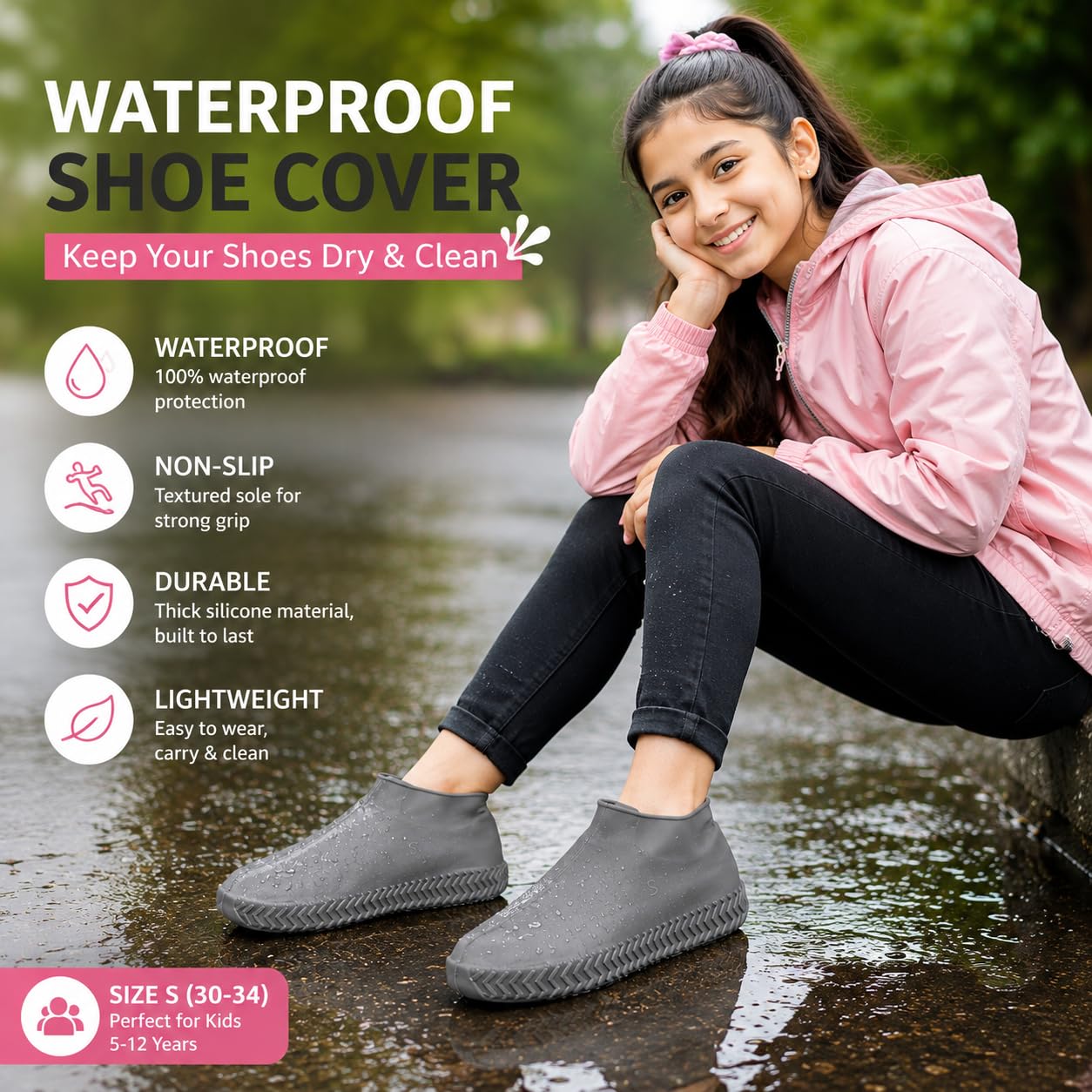 KANSIV Kids Waterproof Silicone Shoe Covers, S 30-34, Grey - Image 4
