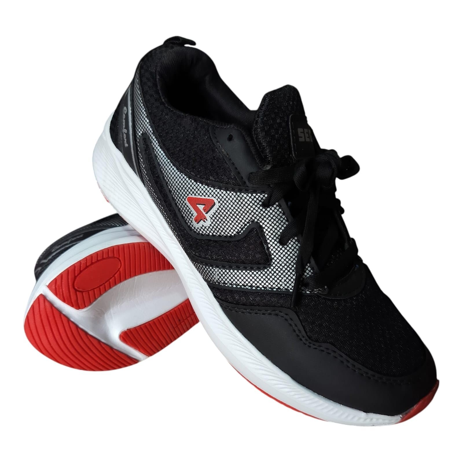 Black Sport Shoes for Men, Lace-Up Running Sneakers with White and Red Sole (UK Footwear Size System, Adult, Men, Numeric, Medium, 7)