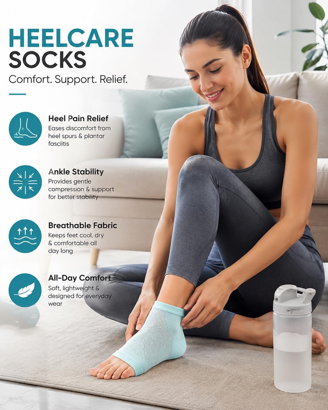HEELCARE SOCKS Heel Support Compression Sleeve for Men & Women | Ankle Support for Heel Pain, Plantar Fasciitis & Achilles Tendon Relief | Breathable Lightweight Foot Compression Sock for Daily Wear, Sports & Running