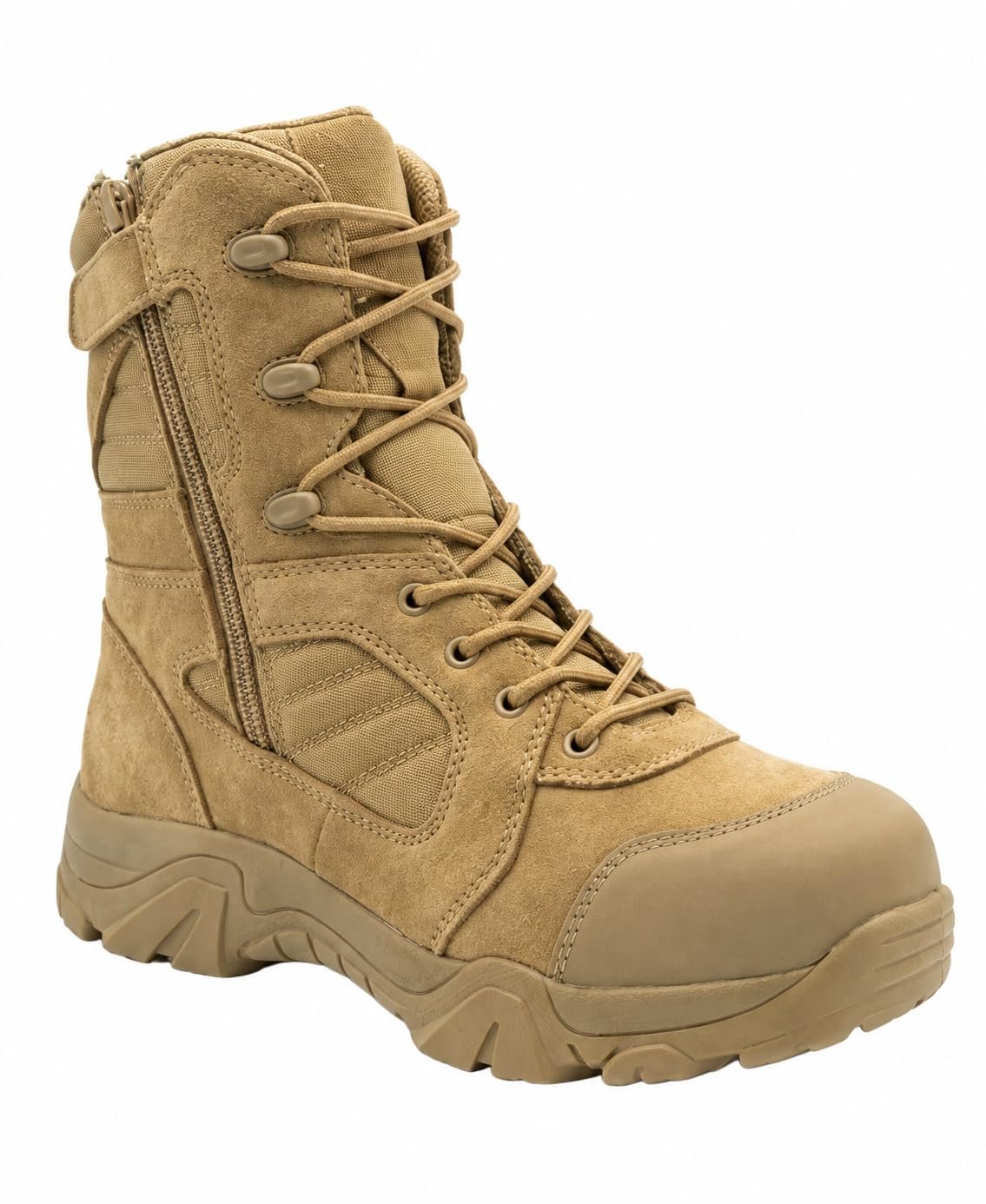 Men's Tan Tactical Combat Boot, Suede Leather, High Ankle, Side Zipper, Army Military Desert Shoe for Trekking