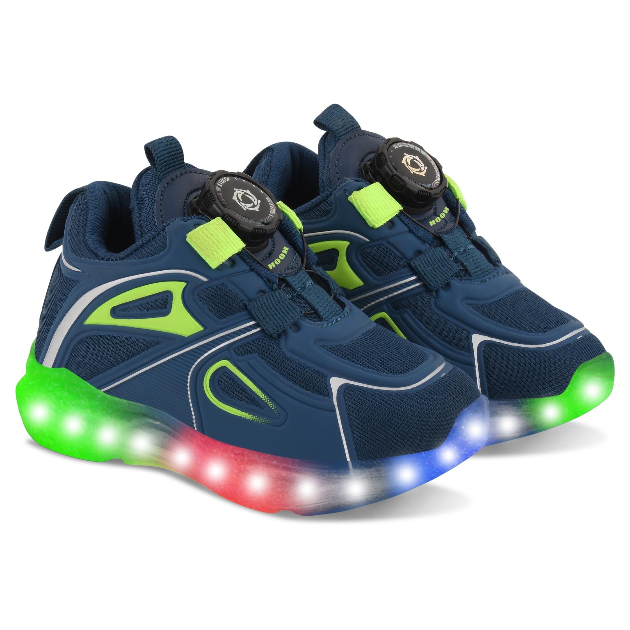 HOOH Kids Unisex Light Up Sneakers with Button Closure with Drawstring and Light Shoes for Both Boys and Girls (Blue Green, UK Footwear Size System, Big Kid, Numeric, Medium, 1)