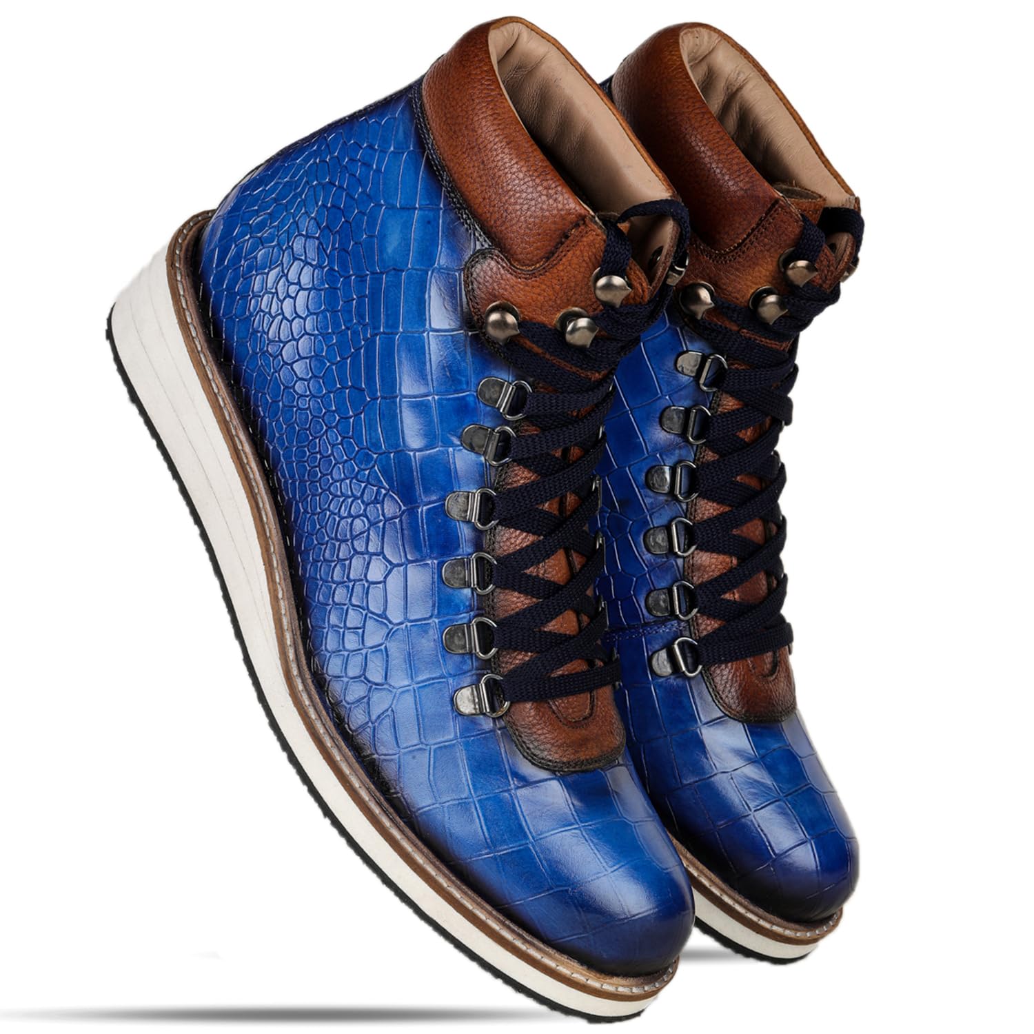 Blue Textured Hiking Boots with High Top Ankle with Lace Up Closure | Cushioned Footbed | Block Heel and EVA Outsole | Leather Upper | Casual & Outdoor Footwear for Men(Size 8)