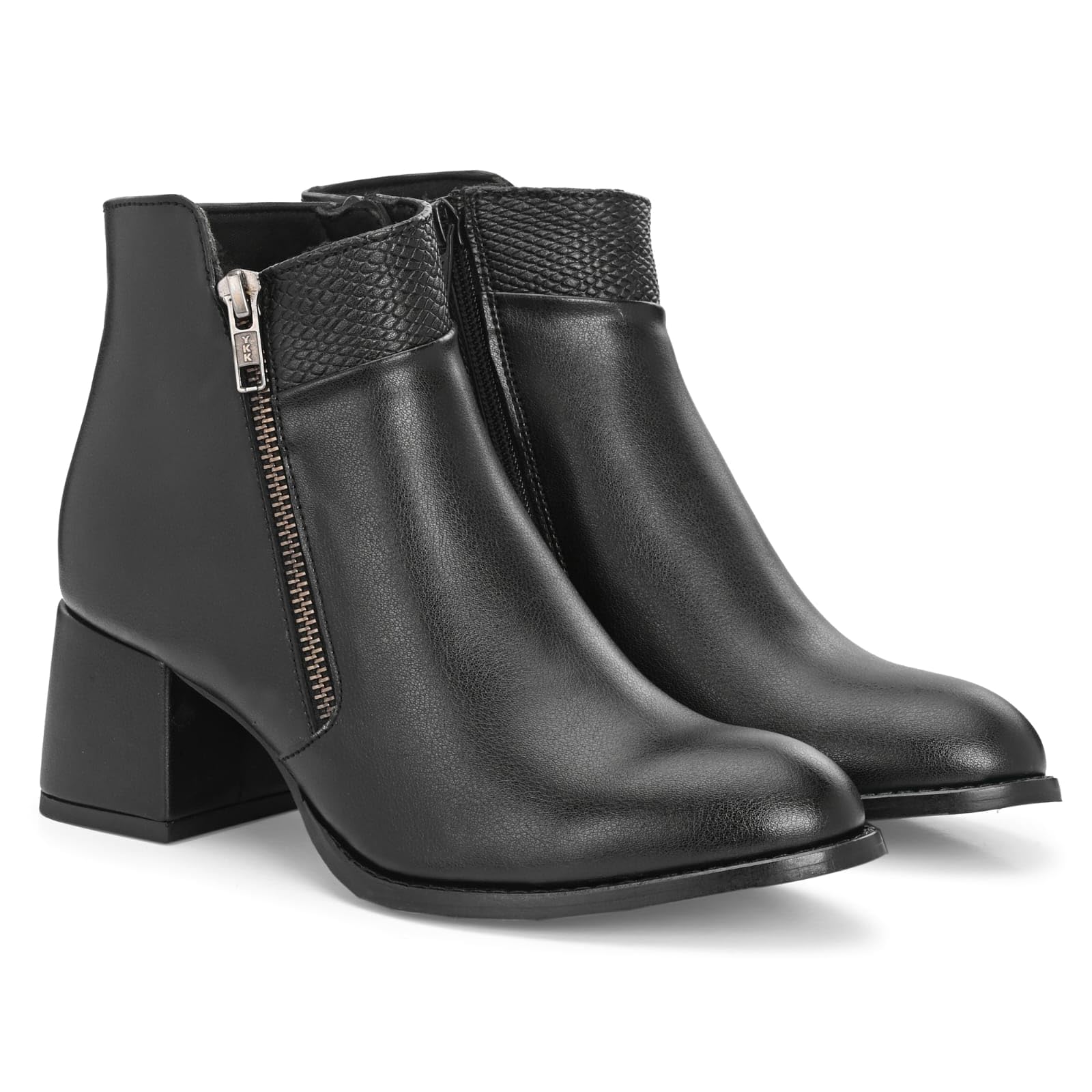 Women’s Black Ankle Boots with Side Zipper, Chunky Block Heel, Pointed Toe, Textured Collar, Stylish Fashion Booties for Casual, Office, Work, Party, Evening & Everyday Wear(6)
