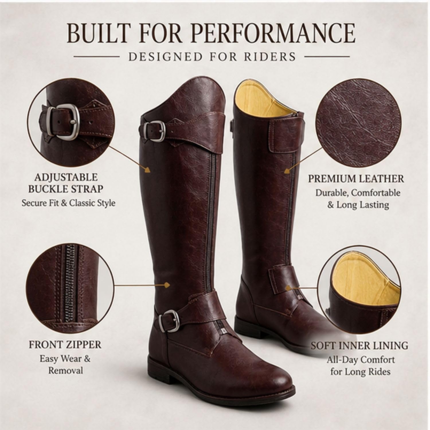 Di ENTERPRISES Leather Knee High Horse Riding Boots Brown - Image 3