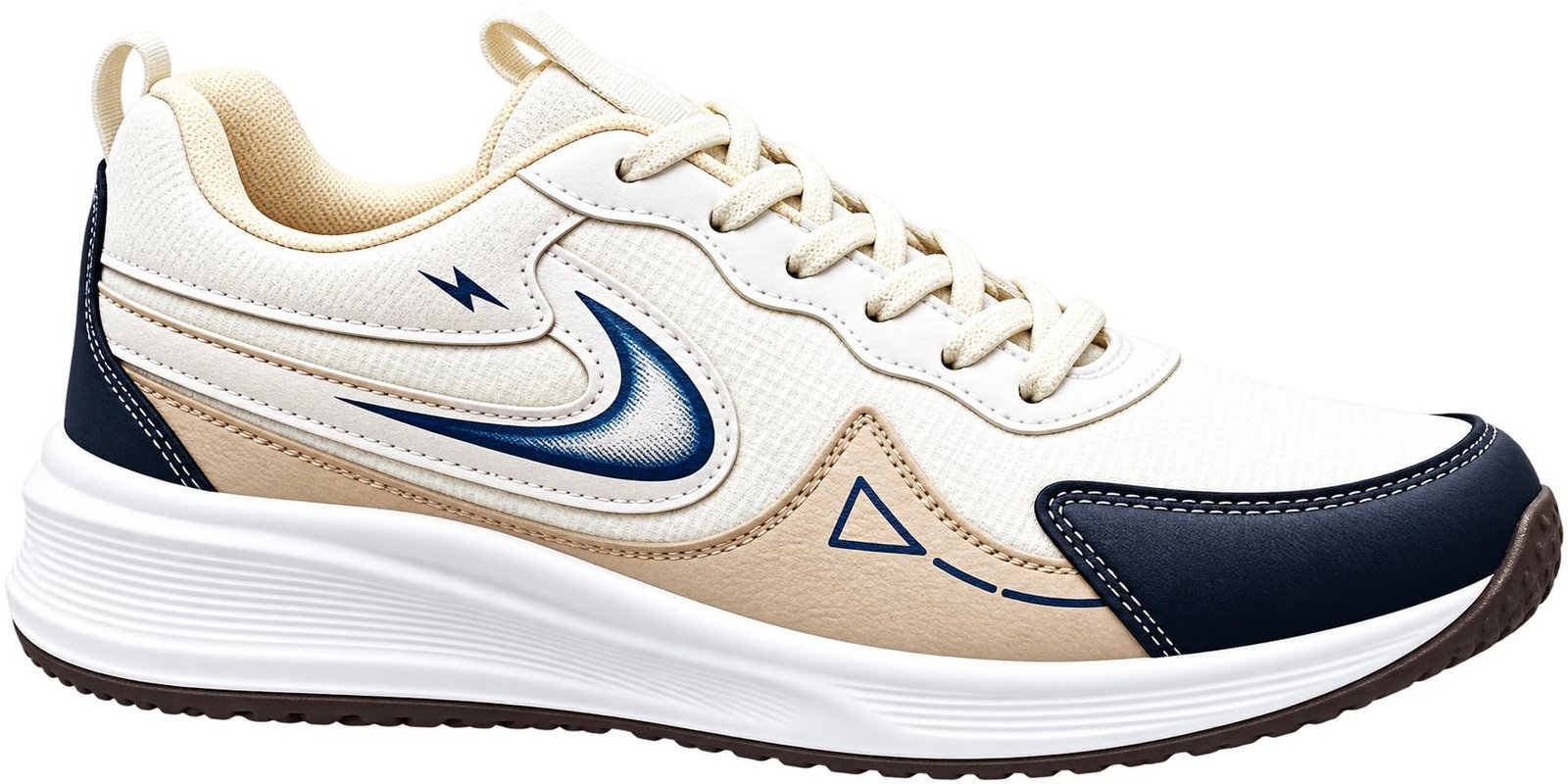 Men's Running Sneakers, White and Navy Blue Lace-Up Sports Shoes
