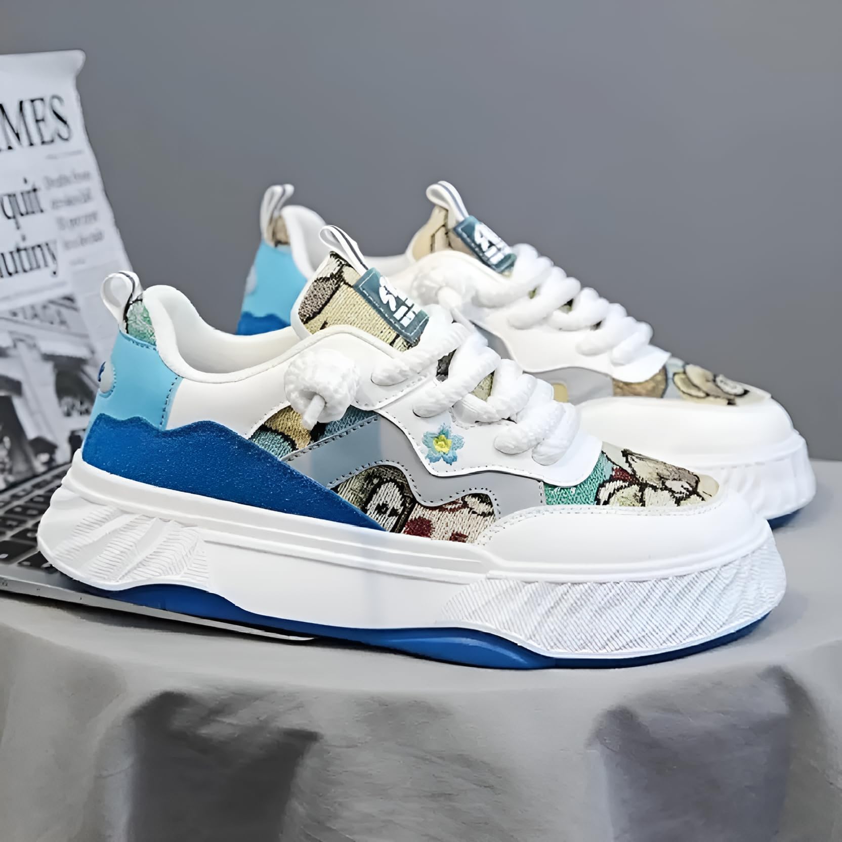 Blue Chunky Teddy Print Comfortable, Trendy Lace Up Sneaker Casual Walking Men Shoes Casual Sneakers for Men's and Boy's 9