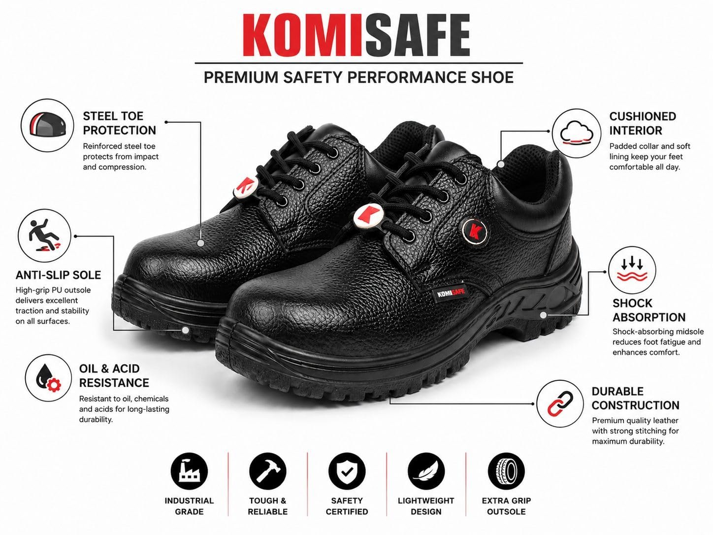 KOMISAFE Steel Toe Safety Shoes for Men | Anti Slip PU Sole | Shock Absorbing Work Shoes | Oil and Acid Resistant | Lace Up Industrial Safety Footwear | Black - Image 2