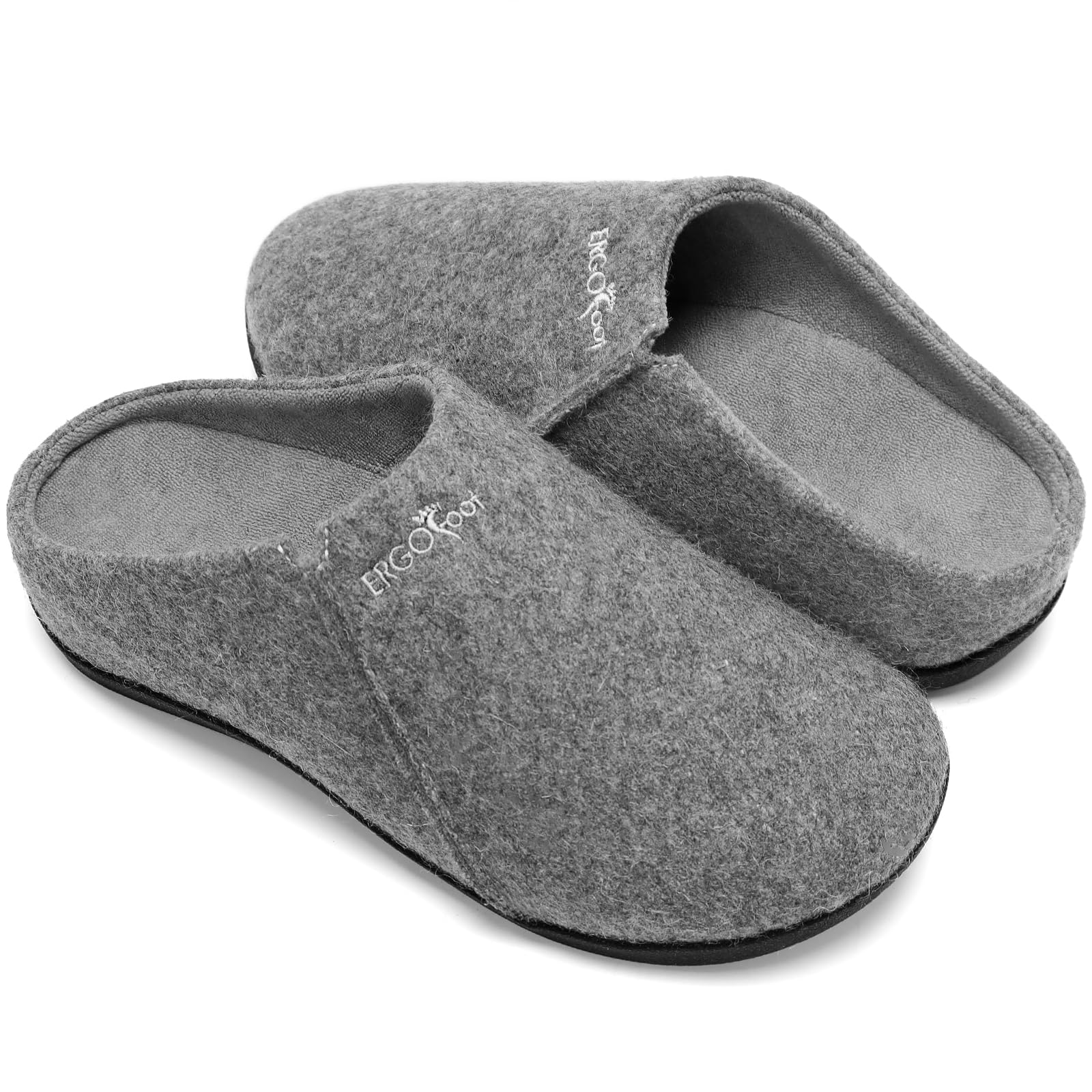 House Slippers With Arch Support, Orthopedic Slippers for Plantar Fasciitis Pain Relief, Comfy Wool Felt Clog, Non-Slip Indoor Outdoor House Shoes for Women and Men/Grey, W8/M7