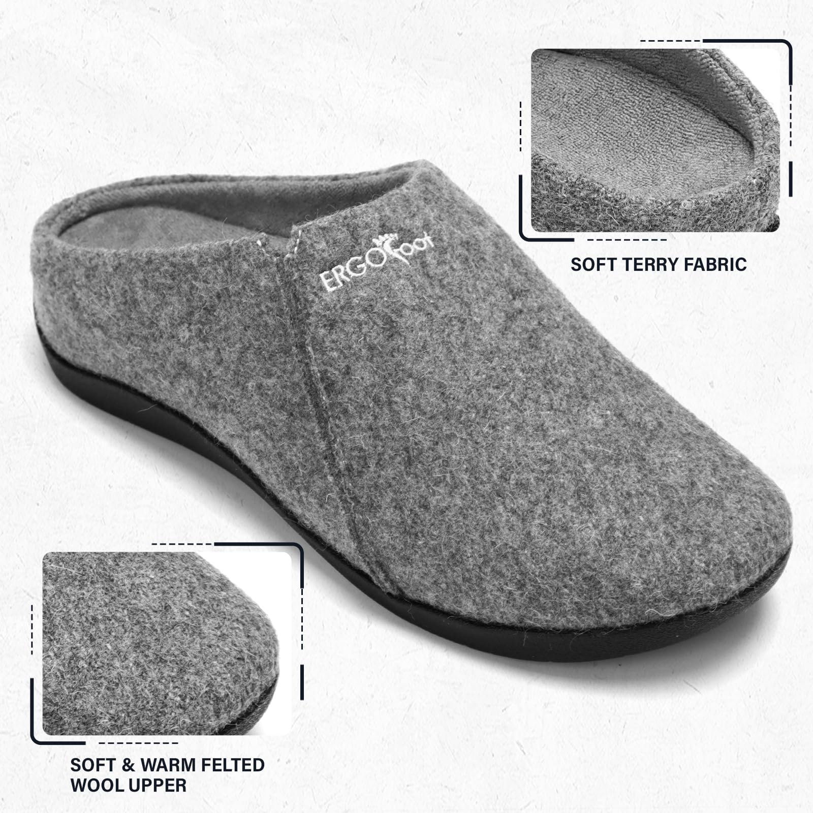 House Slippers With Arch Support, Orthopedic Slippers for Plantar Fasciitis Pain Relief, Comfy Wool Felt Clog, Non-Slip Indoor Outdoor House Shoes for Women and Men/Grey, W8/M7 - Image 3
