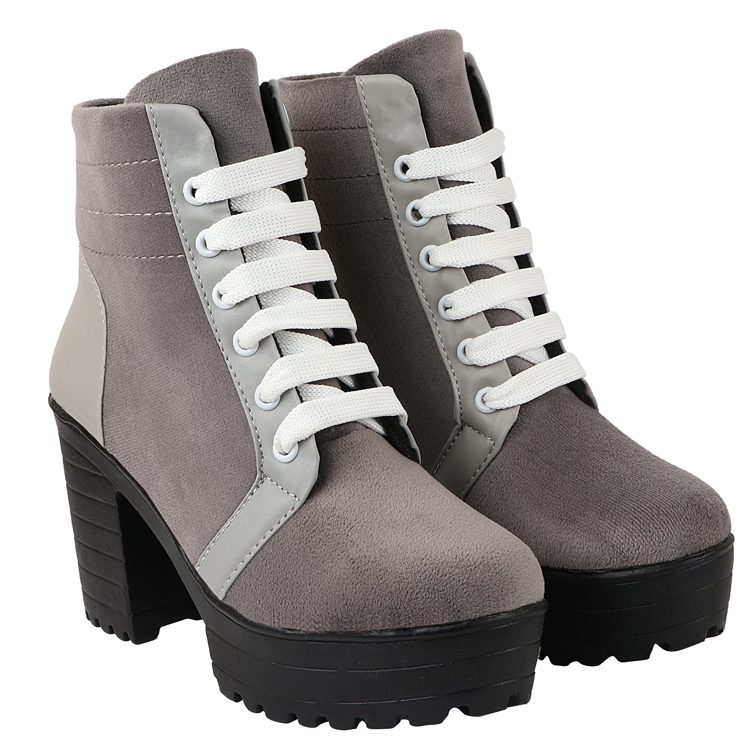 Stylish Grey Women's Lace-Up Heel Fashionable Trendy Boots || Comfortable Ankle Length Suede & Leatherette Boots with Chunky Block Heel EU40
